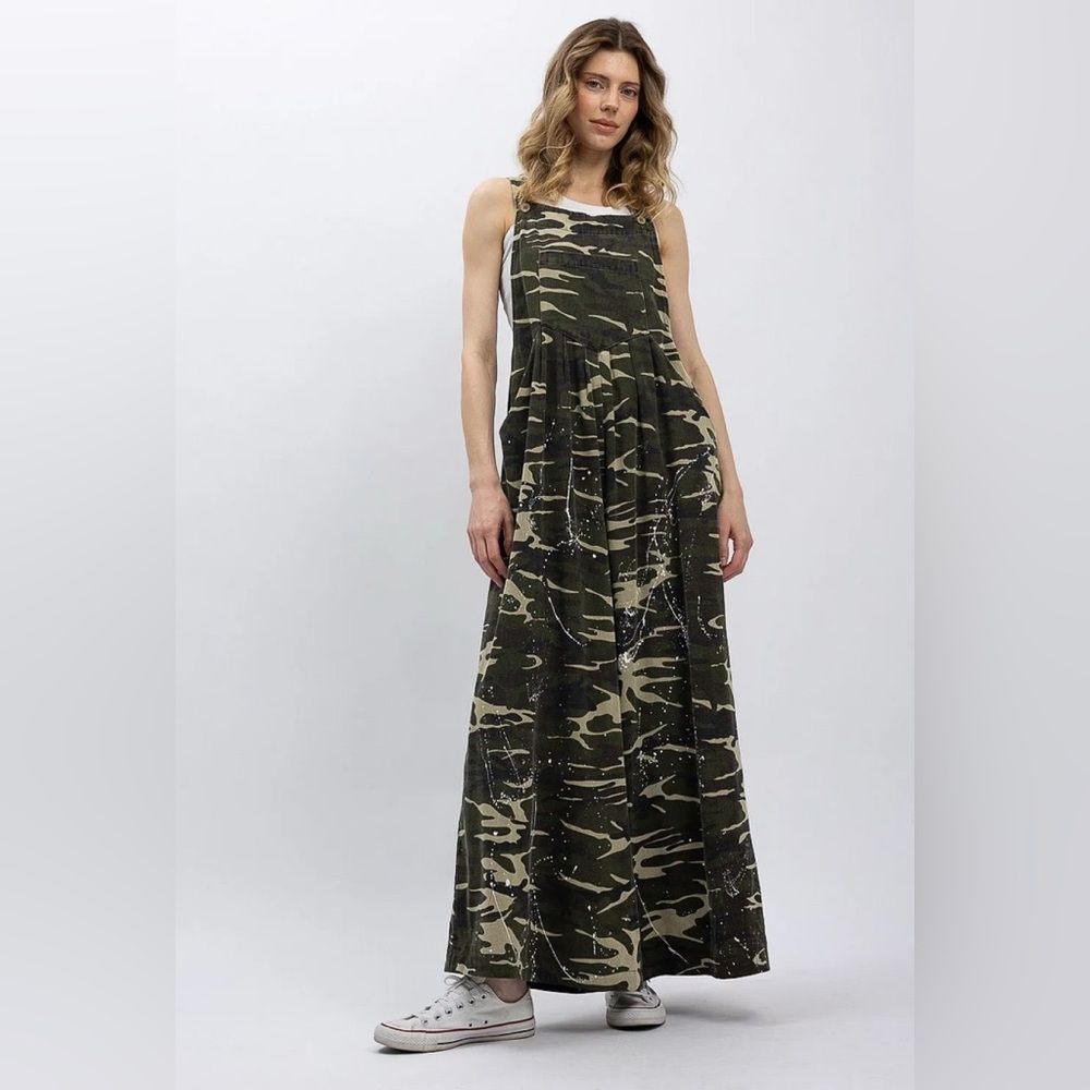 Blue Velvet Camo Print Wide Leg Overall Jumpsuit Green Paint Splatter NWT Sz S